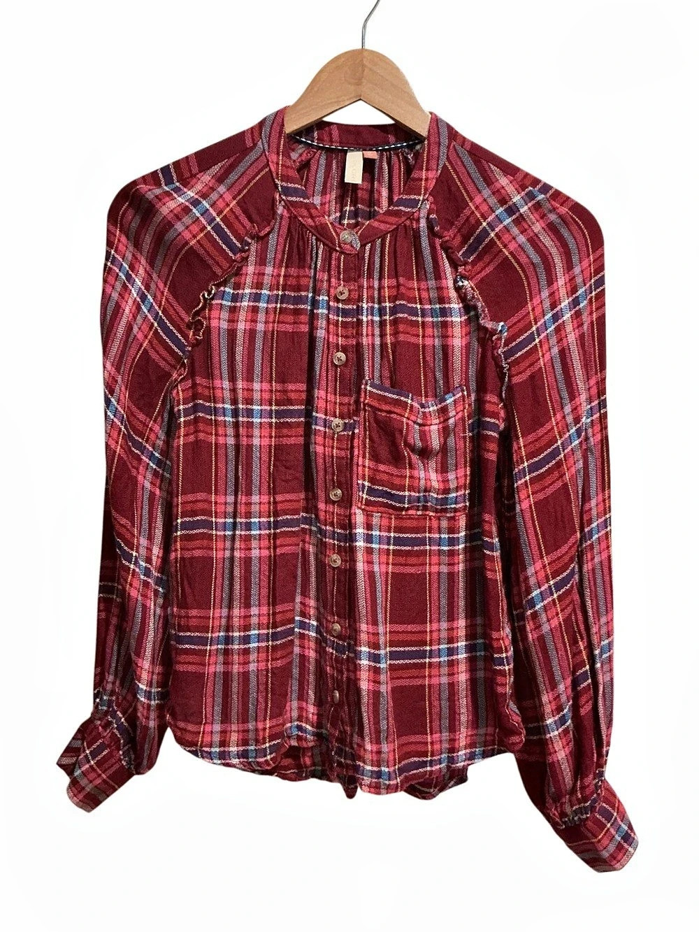 Pilcro Anthropologie Plaid Button Down Shirt size XS Long Sleeve Red Blue